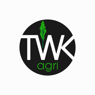 Logo of TWK Agri with a black circle, white letters, and green leaf on a white background