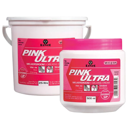 Two containers of Pink Ultra milk cream with pink labels on a white background