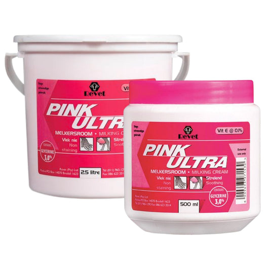 Two containers of Pink Ultra milk cream with pink labels on a white background